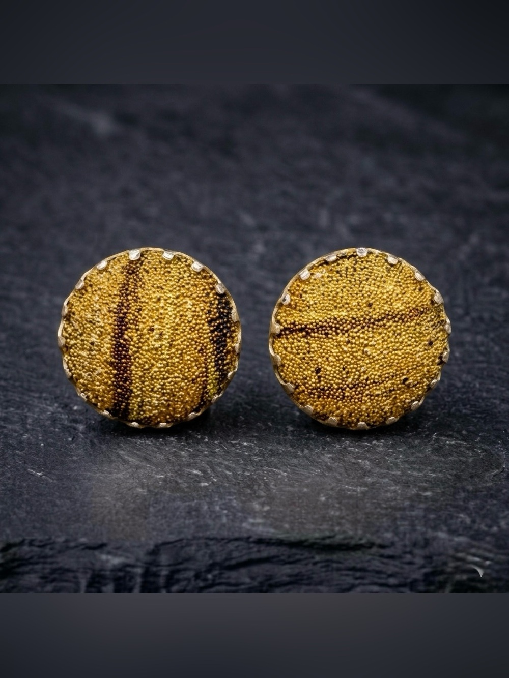 Vintage 60s Hong Kong Golden Brown Sugar Bead Cabochon Striped Clip On Earrings